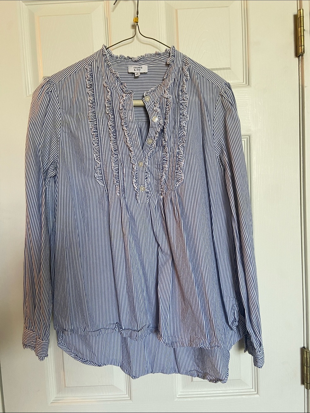 crown & ivy Blue and White Pinstripe Ruffle-Trim Pullover Blouse
